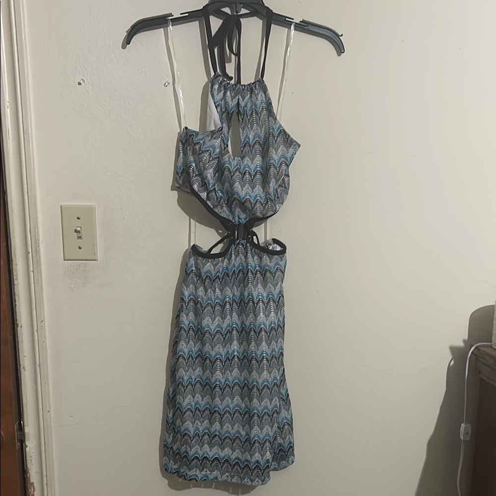 Blue Cut Out Tie Front Halter Sundress